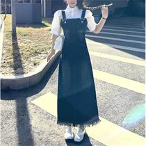 Plus size fat girl suit womens summer new style loose and slim tassel denim suspender dress puff sleeve shirt