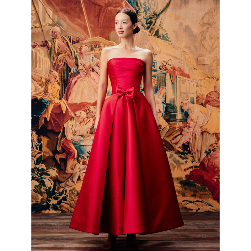 Strapless Satin Toast Dress for the Bride, Red, Elegant, High-End, Stylish, Slimming Design, Suitable for Engagement Banquet and Marriage Registration