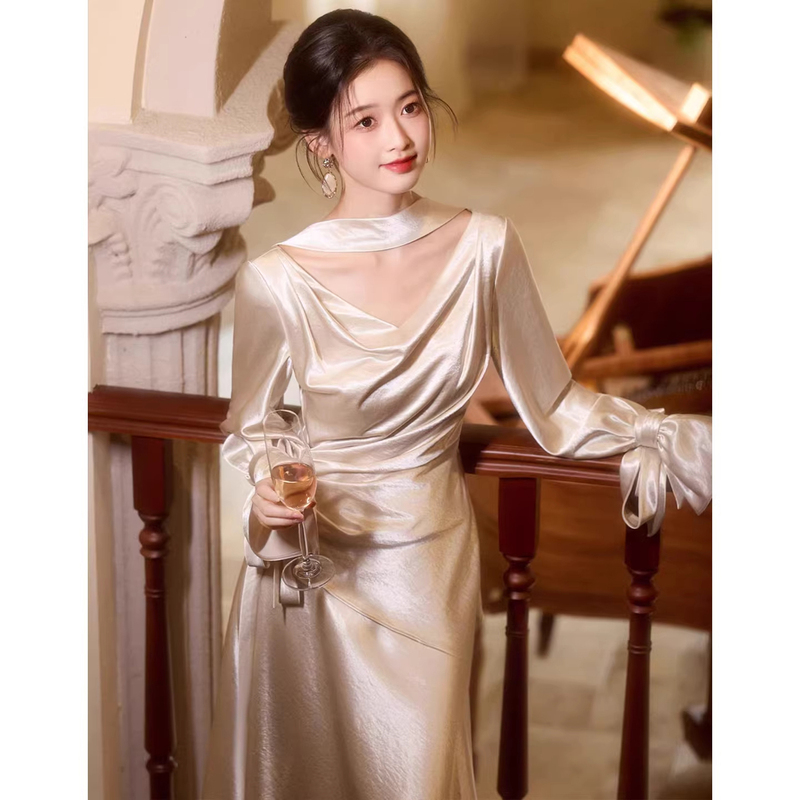 Evening Dress with a High-End, Light Luxury, Niche Champagne Color, Engagement Dress, Women's Banquet Dress, Wedding Toast Dress, Bride