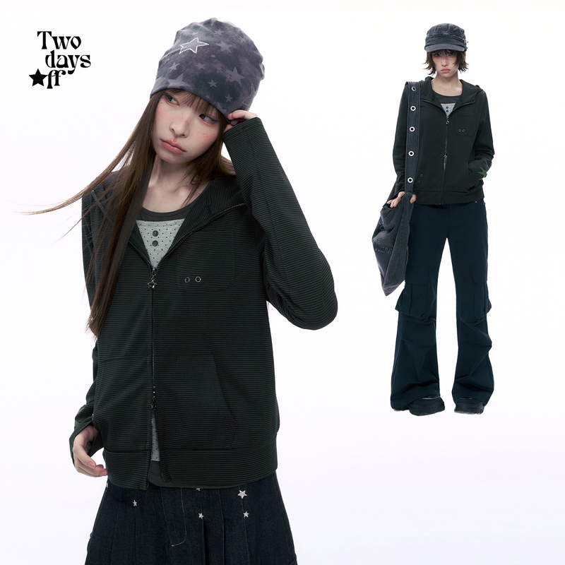 Twodaysoff Double Weekend Light Asian Style Star Print Striped Hooded Cardigan Women's New Autumn Casual Jacket