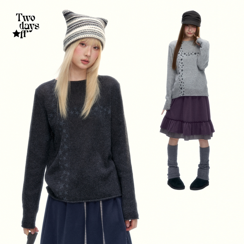 Twodaysoff Korean Style Lazy Knit Sweater with Cross and Star Design for Women, Autumn Loose Fit Slimming Top