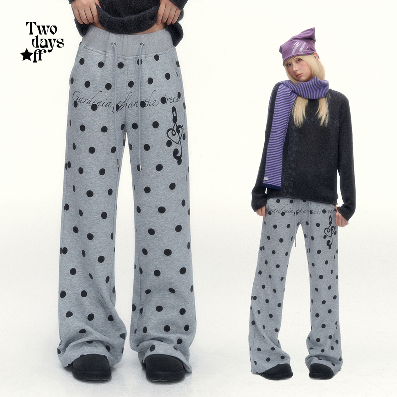 Twodaysoff Double Weekend Light Asian Style Retro Polka Dot Print Sweatpants for Women, Autumn Niche Slimming Flared Casual Pants