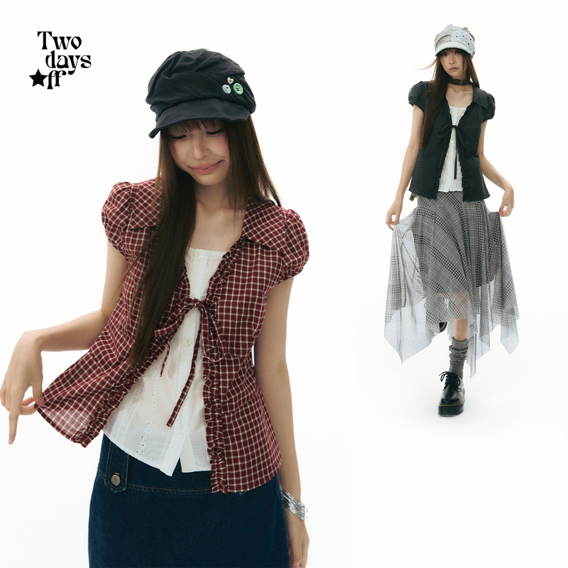 Twodaysoff Korean Style Vintage Plaid Color-Blocked Faux Two-Piece Shirt for Women with Drawstring Loose Short-Sleeve Top Twodaysoff Korean Style Vintage Plaid Color-Blocked Faux Two-Piece Shirt for Women with Drawstring Loose Short-Sleeve Top
