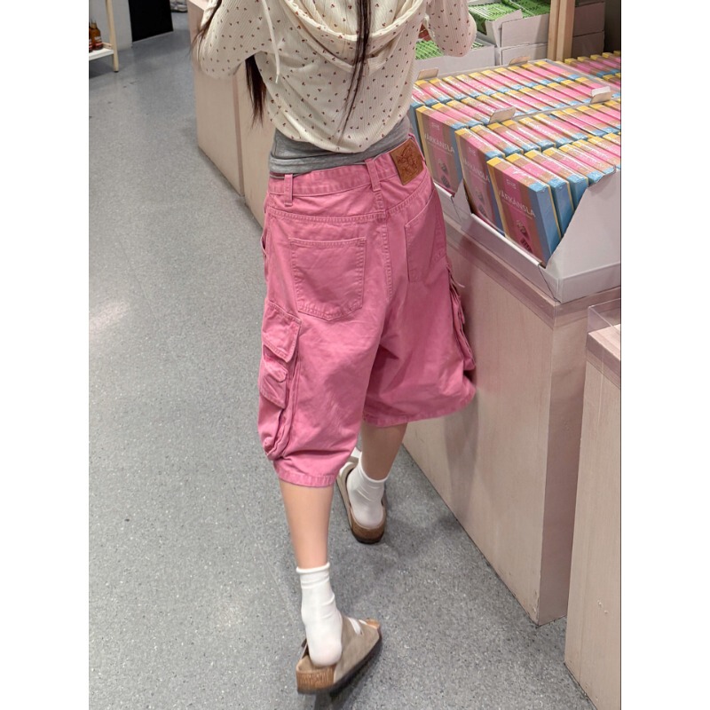 American Retro Pink Multi-Pocket Cargo Capri Pants for Women, Summer Design, Loose Casual Straight-Leg Denim Shorts