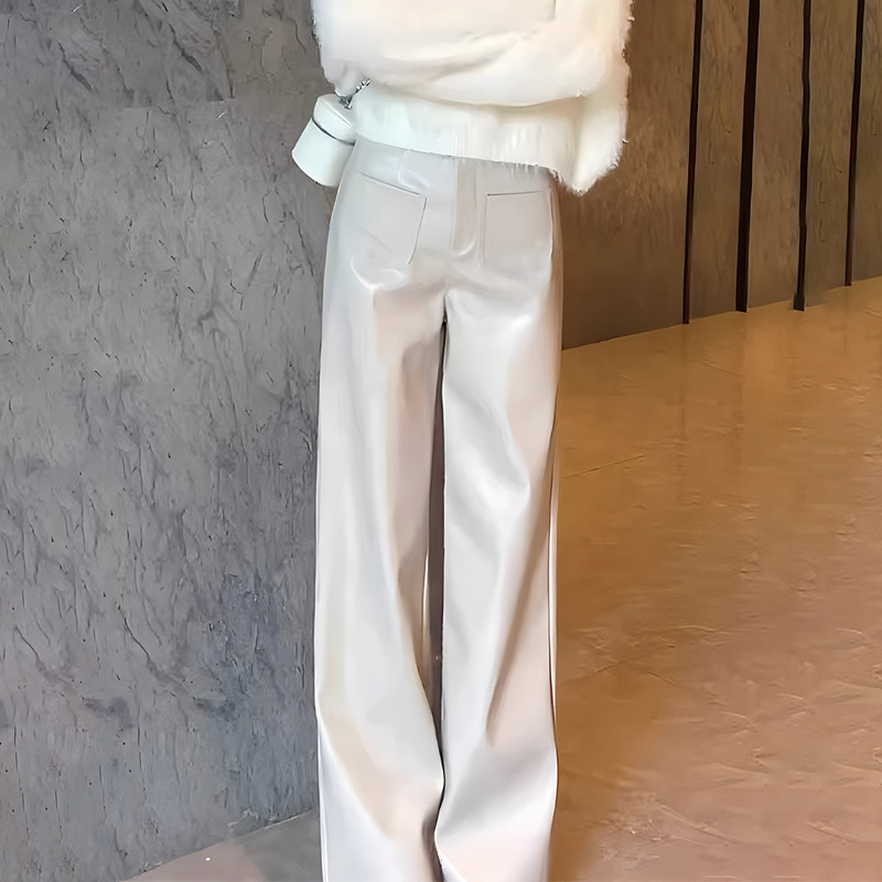 White Pu Leather Pants for Women, Spring New Trendy Fashion, Light Luxury Straight-Leg Pants, Stylish, Age-Reducing, Slimming, Casual Wide-Leg Pants