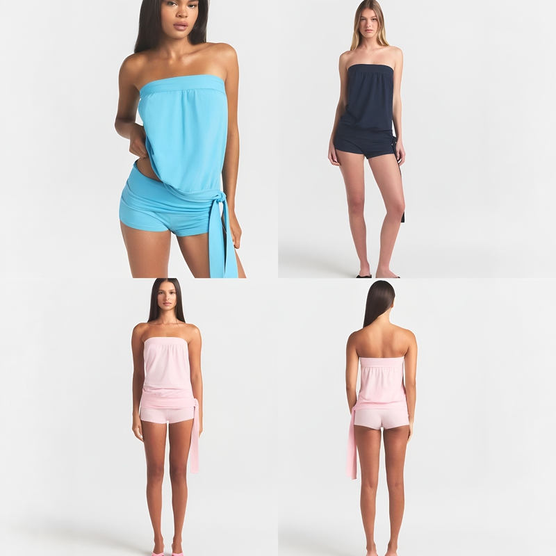 Skims Factory Kardashian Side Bandage Loose Slimming Tube Top Vest T-Shirt Off-Shoulder Short Skirt Pants Set for Women