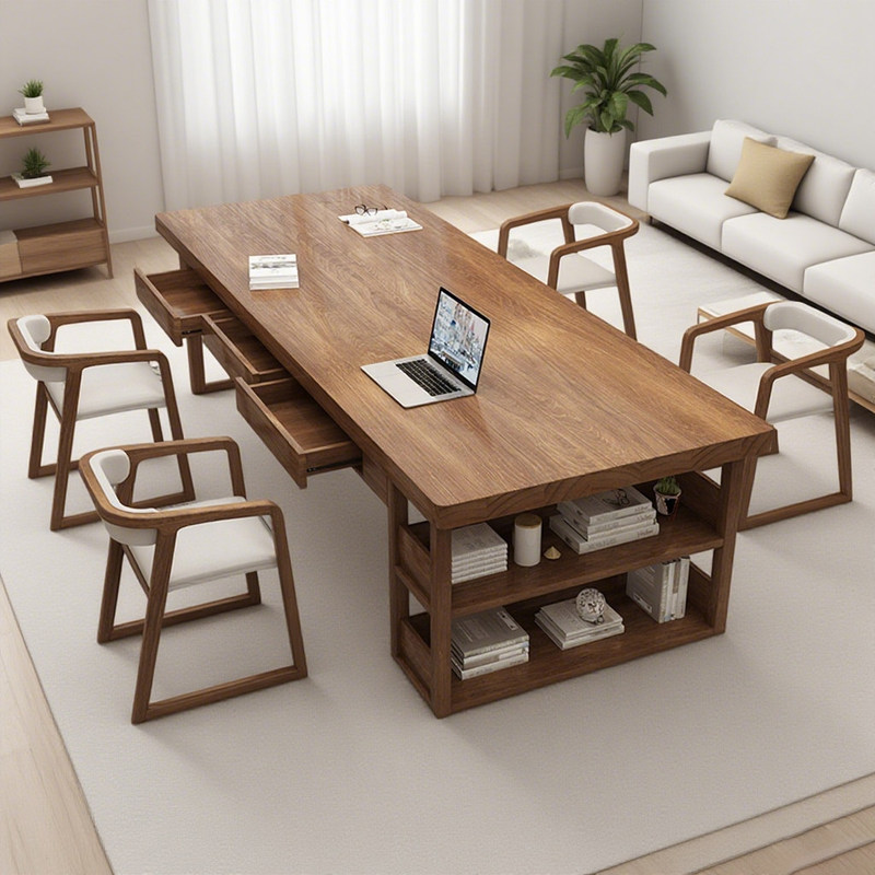 Solid Wood Large Desk with Integrated Bookshelf and Drawers, Study Table, Reading Table, Home-Use Long Table, Workstation