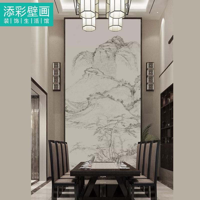 New Chinese black and white ink and ink landscape painting wallpaper imitation ancient painting duplex Guan Guan Wallpaper Villa wall Buding Do