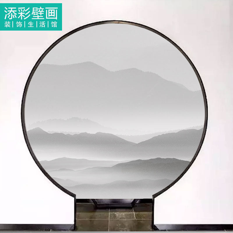 Custom Background Wall Circle Center Round Landscape Pattern Wall Cloth Black & White Water Ink Zen decoration Painted Core Wallpaper Wallpaper
