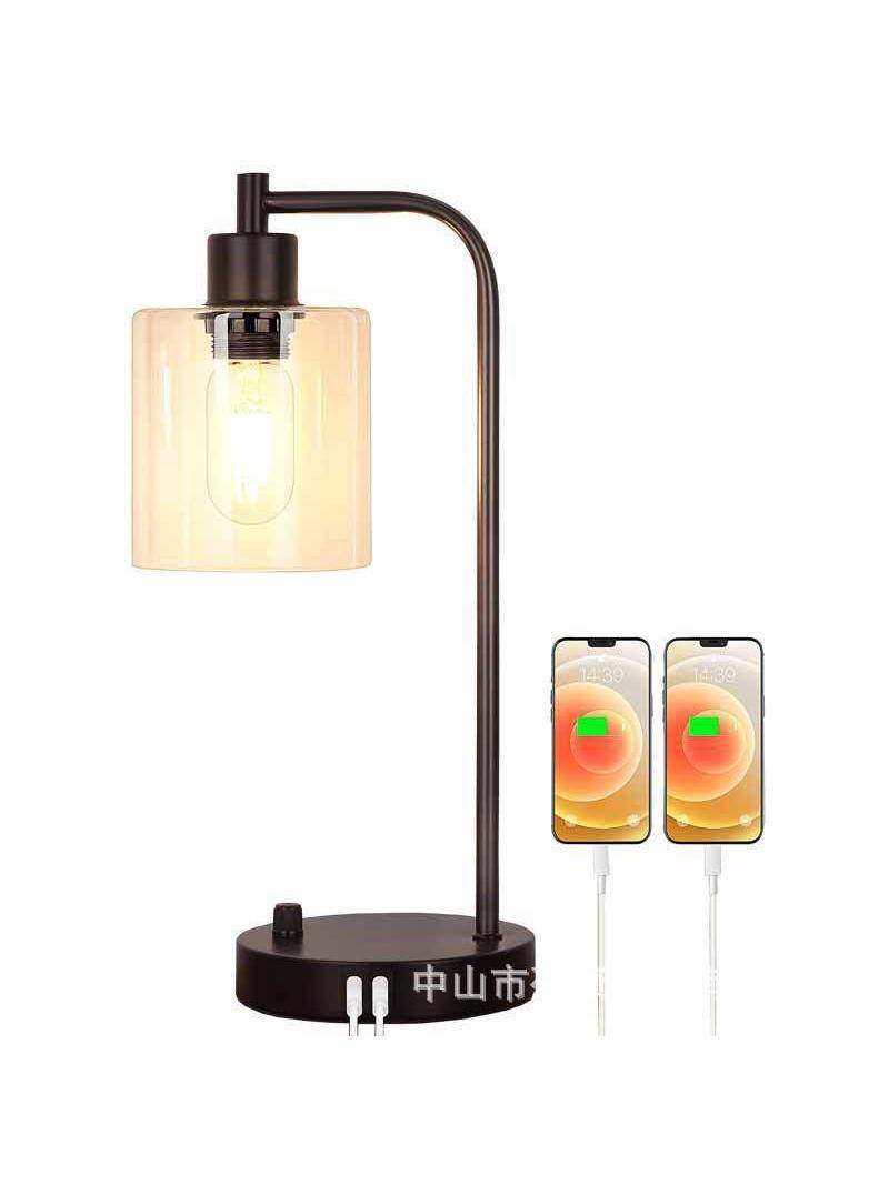 0V American-Style Desk Lamp for Bedroom Bedside with Touch Knob Dimming, USB Wireless Charging, and Ac Socket