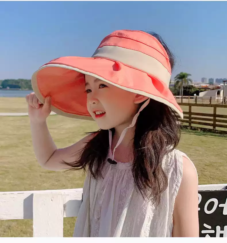 法國兒童遮陽帽女童夏季新款空頂抗UV大帽簷漁夫帽遮陽防曬帽