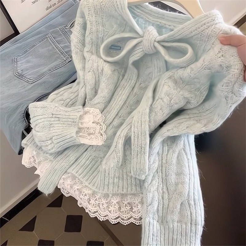 New Korean-Style Sweet Blue Bow Tie Patchwork Sweater, Loose and Slimming Knit Top for Spring and Autumn