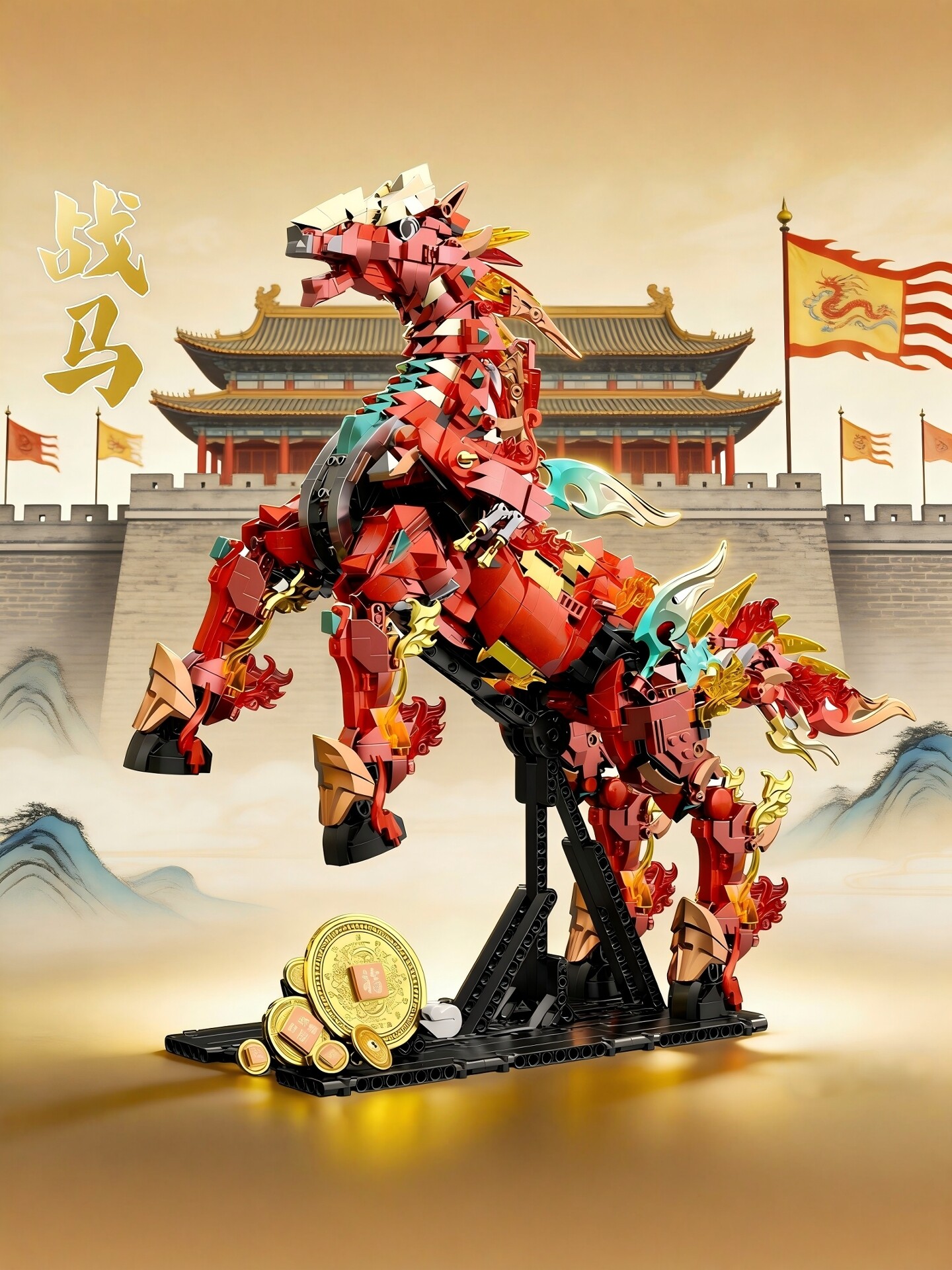 Internet Celebrity's Same Model of Red Rabbit War Horse Building Block Model, Difficult Puzzle Assembly Toy for Boys Aged 8-12, New Year's Gift