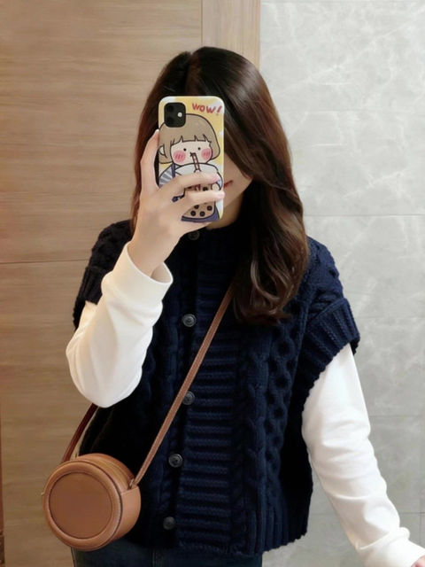 High-End Navy Blue Knitted Vest with Small Flying Sleeves for Women, Autumn and Winter Lazy Style, Cable Knit, Layered Sleeveless Sweater Outerwear