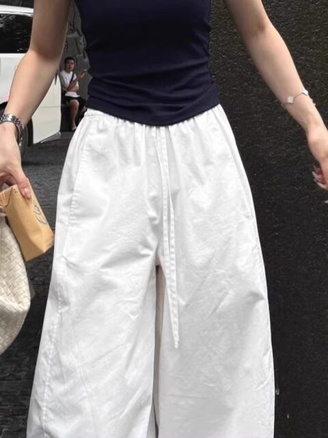 Japanese-Style White Wide-Leg Pants for Women, Summer Casual Straight-Leg Pants, High-Waisted, Slimming, Loose, Floor-Length Pants with a Sense of Design