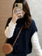 High-End Navy Blue Knitted Vest with Small Flying Sleeves for Women, Autumn and Winter Lazy Style, Cable Knit, Layered Sleeveless Sweater Outerwear