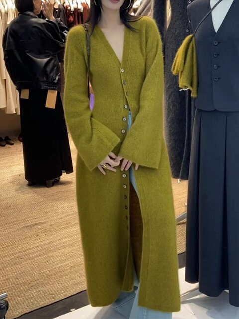 Green v-neck mid-length knitted cardigan sweater for women in early spring, autumn and winter new loose and high-end mohair jacket