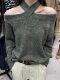 European Style Dark Gray Halter Neck Knit Top for Women, Autumn and Winter, High-End Off-Shoulder Sweater, Old Money Style Long-Sleeve Top