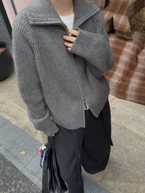 Korean-Style Soft Double-Zipper Lapel Sweater Coat for Women, Autumn and Winter High-Neck Thick Lazy Style Loose Knit Cardigan Top