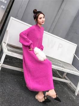 Chen Xiaoyun Style Oversized Sweater for Women, Loose and Lazy Round Neck Pullover, Extra-Long Sweater Dress, Thick Knitted Dress for Women