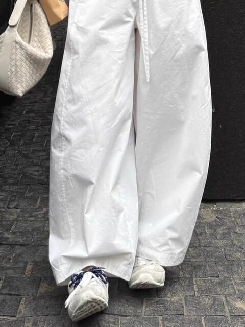 Japanese-Style White Wide-Leg Pants for Women, Summer Casual Straight-Leg Pants, High-Waisted, Slimming, Loose, Floor-Length Pants with a Sense of Design