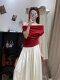 French Elegant Red Knitted T-Shirt for Women, Summer 2026 New Style, Off-Shoulder Short-Sleeved, Tight-Fitting, Slimming One-Line Collar Top