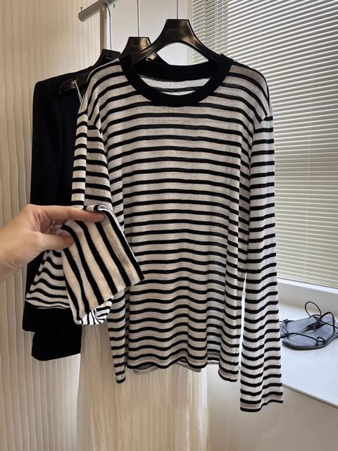 Early Spring Long-Sleeved Knit Top for Women, Loose and Casual, Mask T-Shirt, Sun Protection Cover-Up, Thin Striped Round Neck Color-Blocked Top