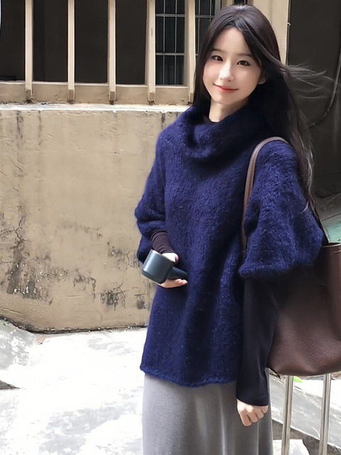 French high-end blue turtleneck sweater for women in autumn and winter with pile collar cape and vest sweater pullover top