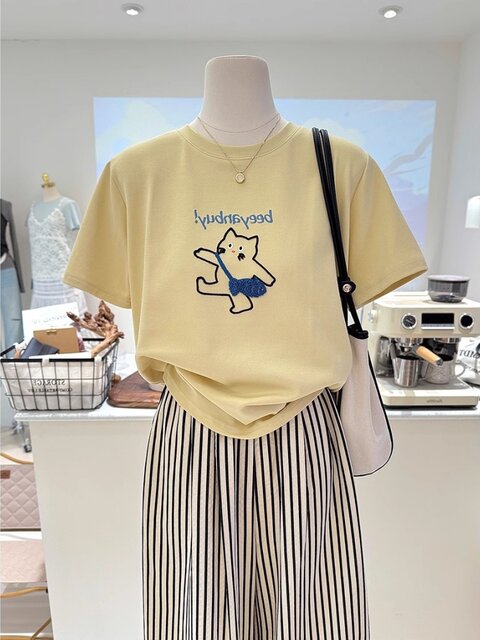 Thirteen Rows Korean-Style Yellow Cartoon Cat Embroidered Short-Sleeve T-Shirt for Women, Summer Age-Reducing Base Shirt, Loose Top