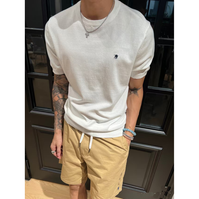 American-Style Pony Logo Fine Knit Sweater Round Neck Short-Sleeve T-Shirt Casual Business Men's Summer Thin Versatile Trendy