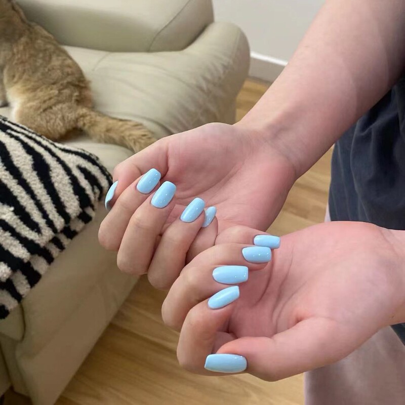 Wearable Nails 2025 New High-End Nude Color Medium Short Style Solid Color Handmade Finished Nail Art Baby Blue Fake Nails