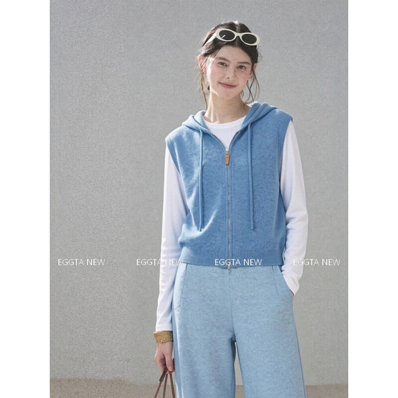 Eggta Lazy Style Hooded Zippered Knitted Vest for Women Autumn Blue Sleeveless Fashionable Layered Versatile Jacket Top Eggta Lazy Style Hooded Zippered Knitted Vest for Women Autumn Blue Sleeveless Fashionable Layered Versatile Jacket Top