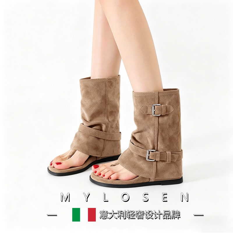 Mylorson 2026 New Summer Thong-Toe Sandals for Women, Outdoor Flat Shoes with Hidden Height Increase, Western Cowboy Mid-Calf Boots Sandals