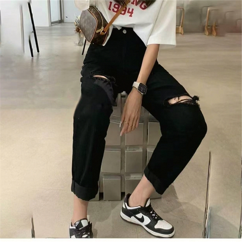 Loose Black Ripped Harem Jeans Summer Fashion Thin Large Size High Waist Slim Nine-Point Stretch Dad Pants