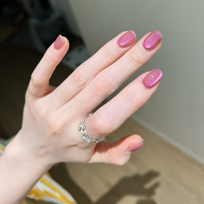 Barbie Pink Handmade Pink Cat-Eye Wearable Nails, Short Style, Whitening, High-End Feel, Removable Manicure, Fake Nail Patches