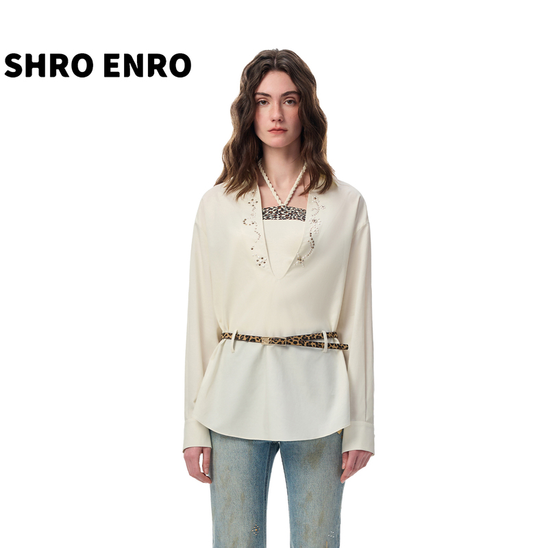 Shro Enro2026 New Autumn Style Rhinestone Leopard Print Two-Piece Long Shirt Women's Waist-Cinching Halter Neck Shirt