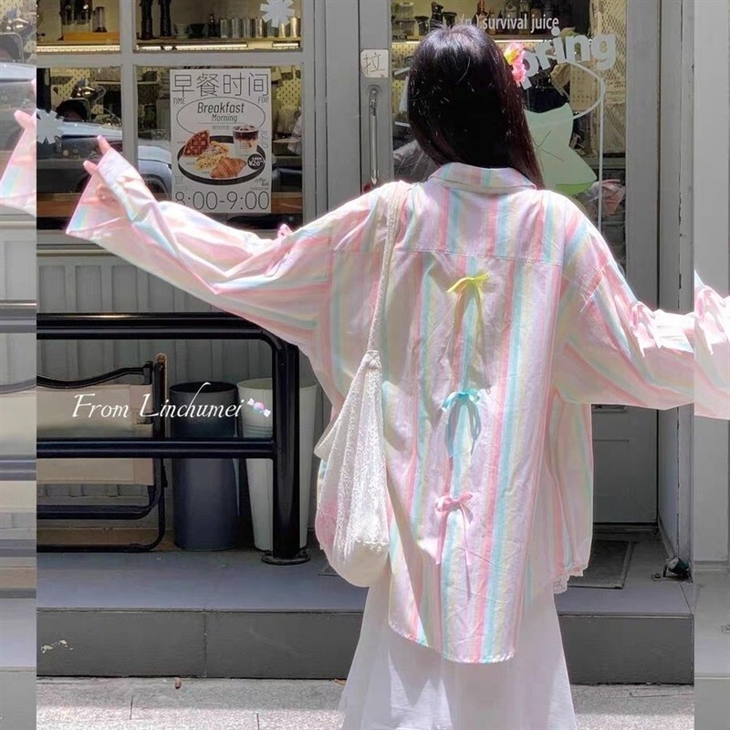 Dopamine Sweet Rainbow Striped Sun-Protective Shirt Jacket for Women Summer 2025 Bow Tie Patchwork Design Top