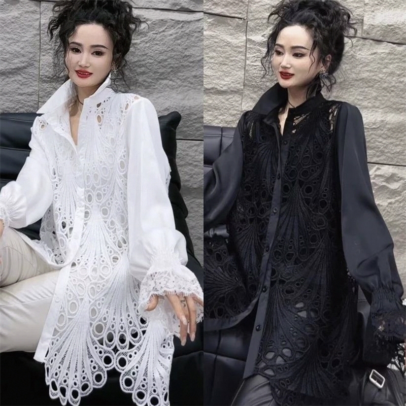 Lace Fashion Shirt for Women, New Spring and Autumn Style, Stylish Korean Version Shirt with Hollow Design, Top for Layering or Wearing Alone