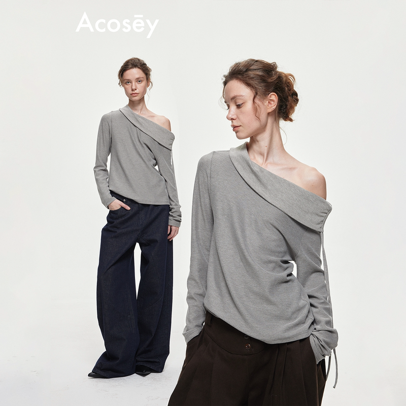 Acosey Lapel Design, Slanted Shoulder, Pleated Lace-Up Casual Long-Sleeved Top Acosey Lapel Design, Slanted Shoulder, Pleated Lace-Up Casual Long-Sleeved Top