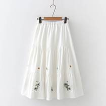 Japanese cotton and linen skirt womens white embroidered 2024 spring new elastic waist small A-line skirt long skirt