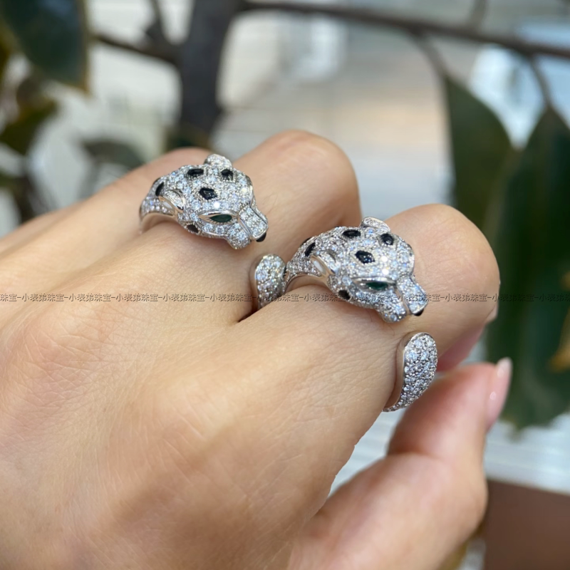[Leopard Earnings] New Leopard Head Ring with Full Diamond Inlays, Sterling Silver, Women's Money Leopard, Green Eyes, Open-Ended, High-End Ring