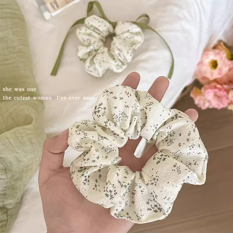 新款春夏豆沙绿色清新碎花大肠发圈纯棉蝴蝶结织带少女发绳头饰女