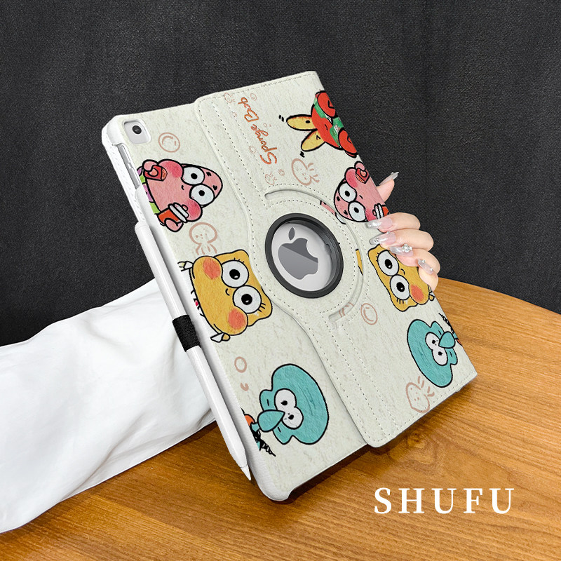 iPad、iPad Air 6、クリエイティブスタンド、ペンスロット付き mini 6、13インチ スポンジボブ スクエアパンツ iPad 10 タブレットケース、2024 フルカバー iPad Pro ソフトケース用の 360° 回転レザーケース。