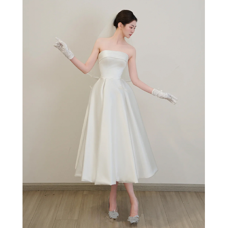 Simple French-Style Satin Light Wedding Dress for Petite Brides, White Elegant Engagement Dress