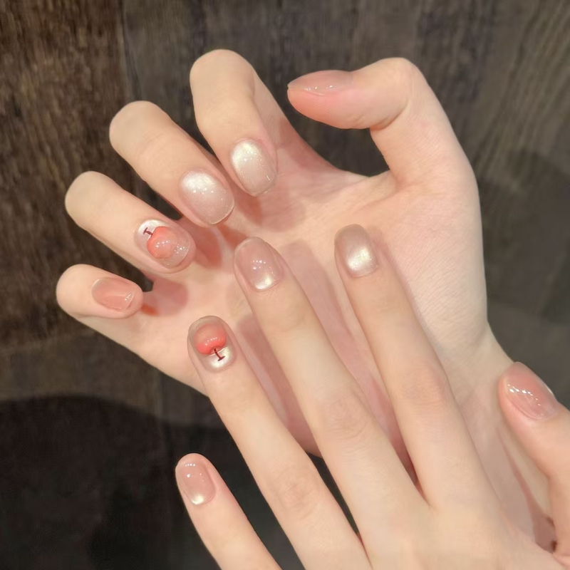 Handmade Short-Length Wearable Nail Patches in Fresh, Pure Nude Color with Cat-Eye Effect, Small Apple 3D Design, Simple and Cute Fake Nails Handmade Short-Length Wearable Nail Patches in Fresh, Pure Nude Color with Cat-Eye Effect, Small Apple 3D Design, Simple and Cute Fake Nails