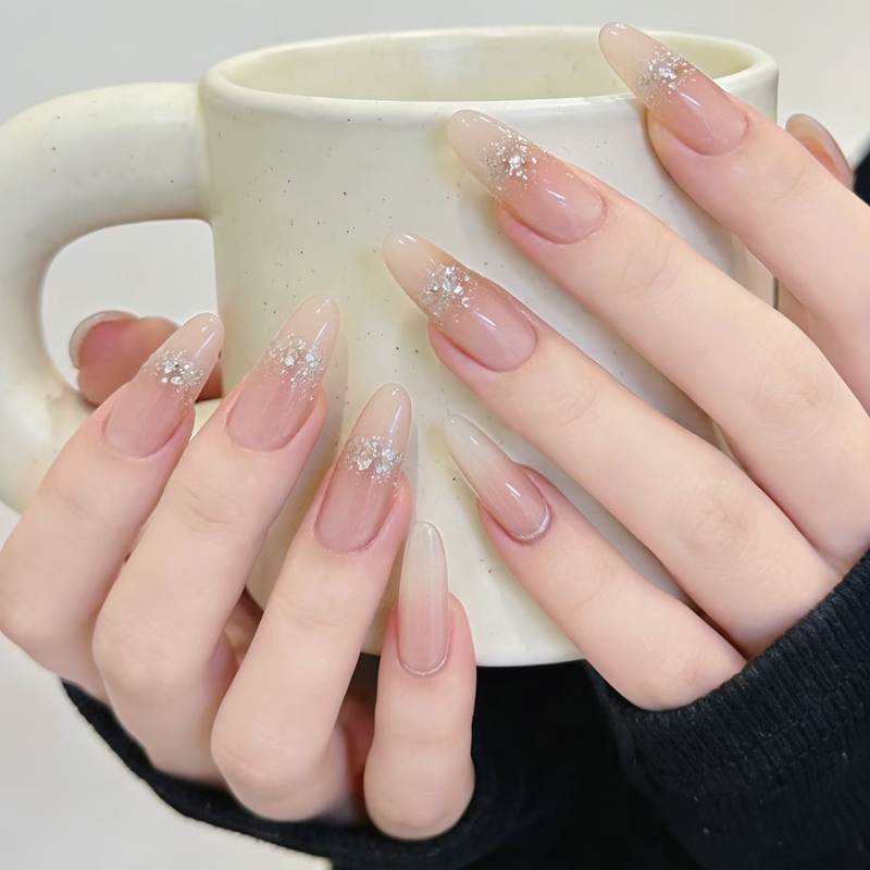 Mid-Length Handmade Nail Patches in Pure Nude Gradient, High-End Luxury with Fine Shimmer, Bridal Wedding Fake Nails