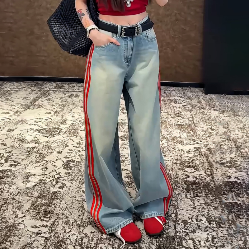 Wang Aego Spicy Girl Style Red Striped Wide-Leg Jeans Spring and Summer New High-Waisted Slimming Casual Long Pants for Women