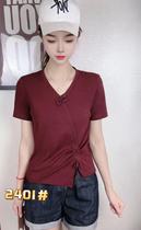 Foreign air pumping rope V collar short sleeve T-shirt 2024 Summer new womens new Chinese style disc button Fashion 100 hitch skinny blouse