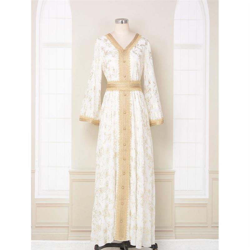 Evening Dress with Loose Waist, Floral Pattern at the Bottom, Gold Stamping, Fashionable Robe with Loose Waist and Printed Tie Evening Dress with Loose Waist, Floral Pattern at the Bottom, Gold Stamping, Fashionable Robe with Loose Waist and Printed Tie
