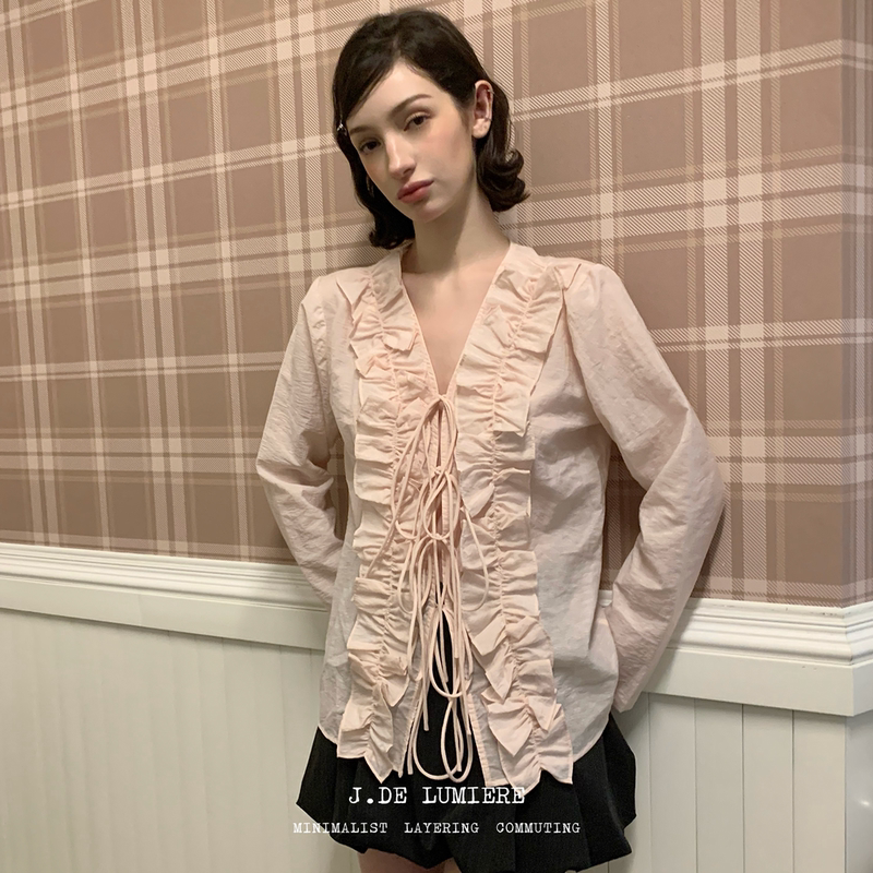 Jde Girly Ruffled Lace-Up Pink Shirt for Women, Slightly See-Through Straight Loose Top, Long-Sleeved V-Neck Shirt